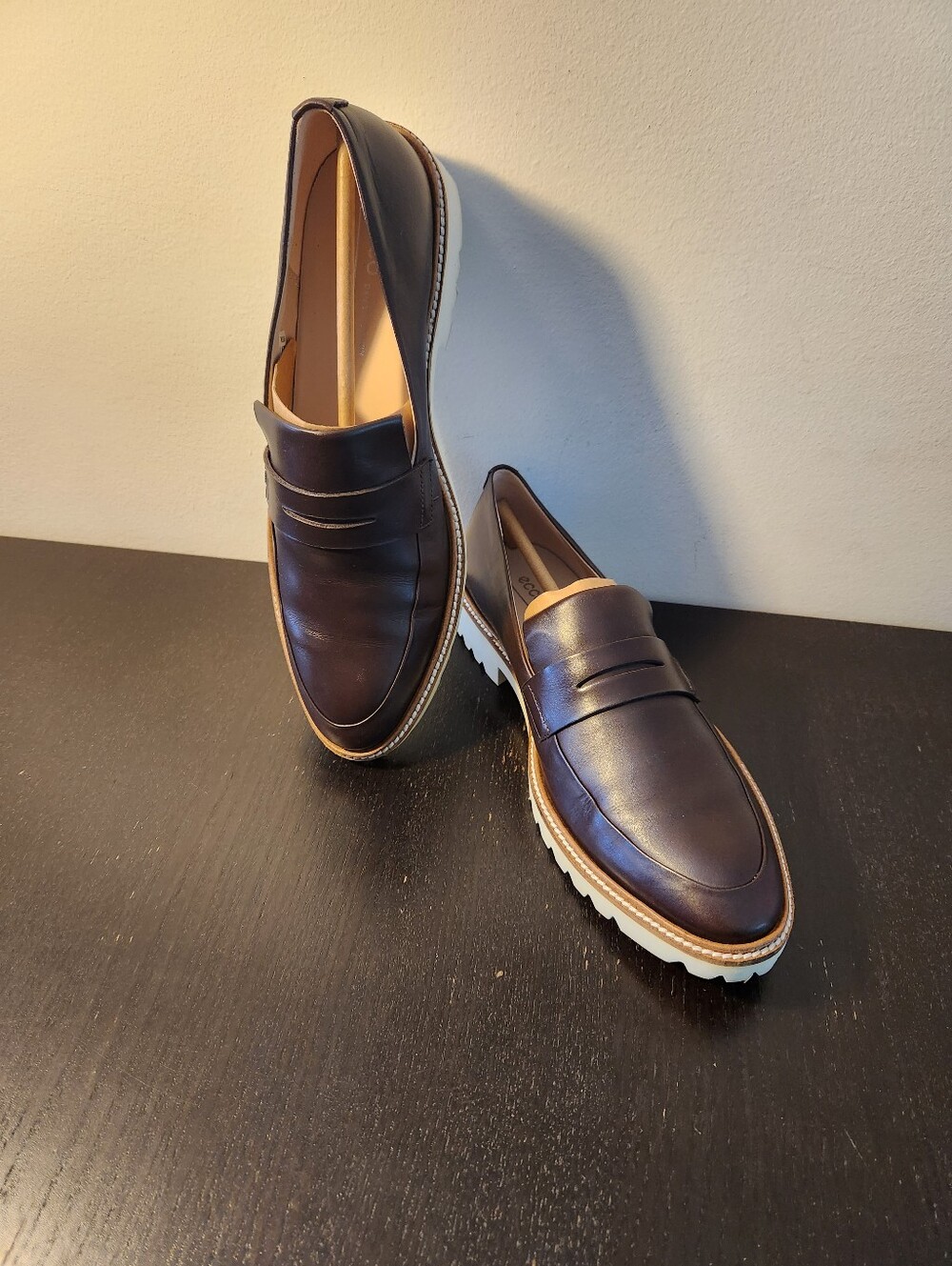 Ecco Women's Brown Leather Slip-On Loafers with White Lug Sole, Size 9-9.5.
